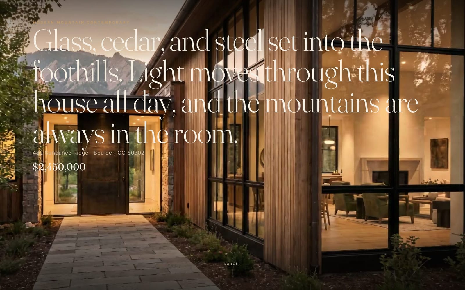 The 482 Sundance Ridge listing site: a modern glass, cedar, and steel home in the Boulder foothills, at the top of its scroll walkthrough.